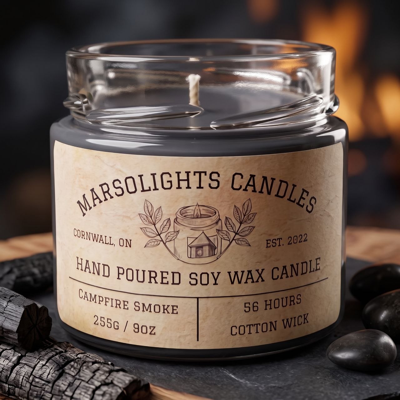 Marsolights Candle Campfire Smoke Soy Candle -
Size: 9 ounces or 255 grams
Colour: Black - Dark Black
Wax Type: Soy Based with a touch of coconut oil
Burn Time: 56 Hours
Wick Type: Cotton
Phthalate Free & Paraben Free
Made in Canada

Aroma Notes - 
Top: Fir Needle
Mid: Woodsmoke
Base: Balsam Fir, Spices