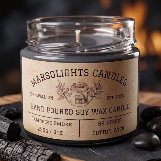 Marsolights Candle Campfire Smoke Soy Candle -
Size: 9 ounces or 255 grams
Colour: Black - Dark Black
Wax Type: Soy Based with a touch of coconut oil
Burn Time: 56 Hours
Wick Type: Cotton
Phthalate Free & Paraben Free
Made in Canada

Aroma Notes - 
Top: Fir Needle
Mid: Woodsmoke
Base: Balsam Fir, Spices