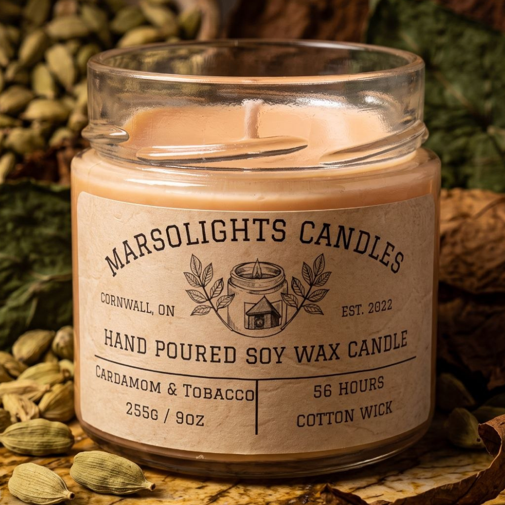 Cardamom & Tobacco Soy Candle on a table with warm, sophisticated décor. Our candle features notes of cardamom, tobacco leaf, jasmine, cashmere musk, vanilla, cedarwood, cinnamon, clove, and tonka bean. 9 ounce or 255 grams, 56-hour burn time, cotton wick, freedom soy wax, made in Canada, paraben free.