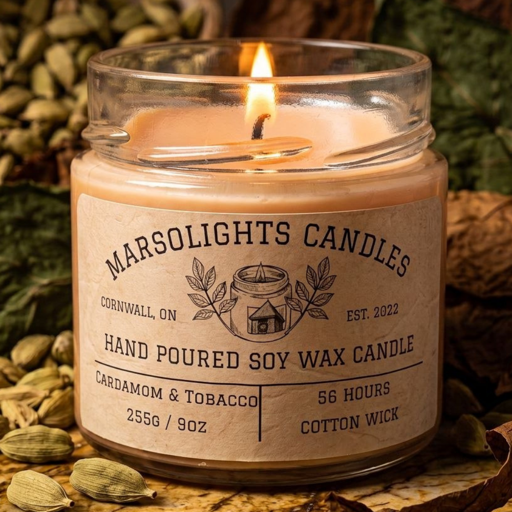 Cardamom & Tobacco Soy Candle on a table with warm, sophisticated décor. Our candle features notes of cardamom, tobacco leaf, jasmine, cashmere musk, vanilla, cedarwood, cinnamon, clove, and tonka bean. 9 ounce or 255 grams, 56-hour burn time, cotton wick, freedom soy wax, made in Canada, paraben free.