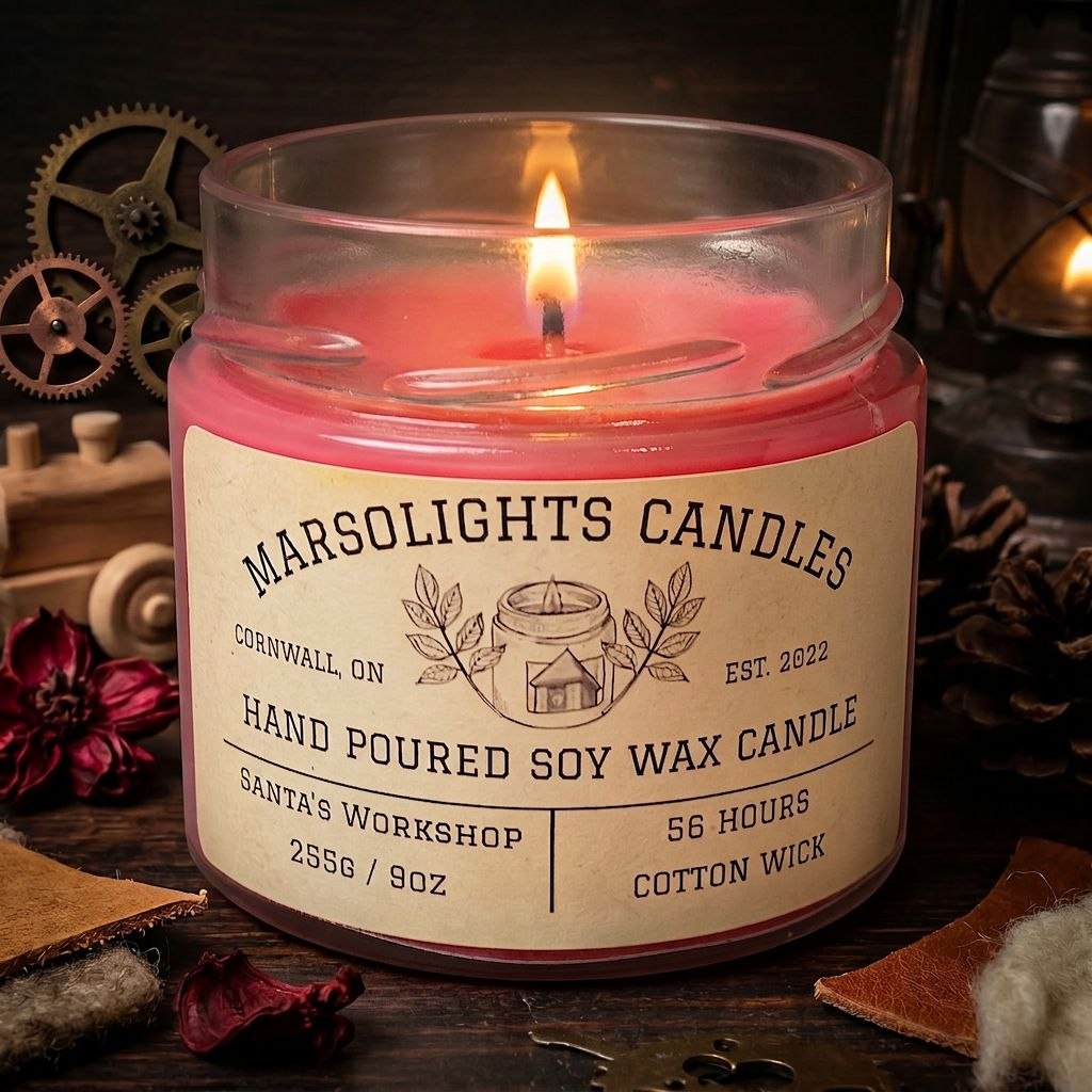 Santa's Workshop Soy Candle
9 ounces or 255 grams
Burn time: 56 hors
Scent Profile : Cedarwood, Cherry Oak & Cognac
Wick: Cotton
Made in Canada 
Paraben Free