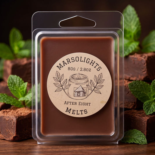After Eight Wax Melts featuring cool peppermint and rich chocolate fudge
Wax Melt Size: 80 g / 2.8 oz
Aroma Time: Approximately 8–10 hours per cube
Soy Wax / Made in Canada / Paraben Free