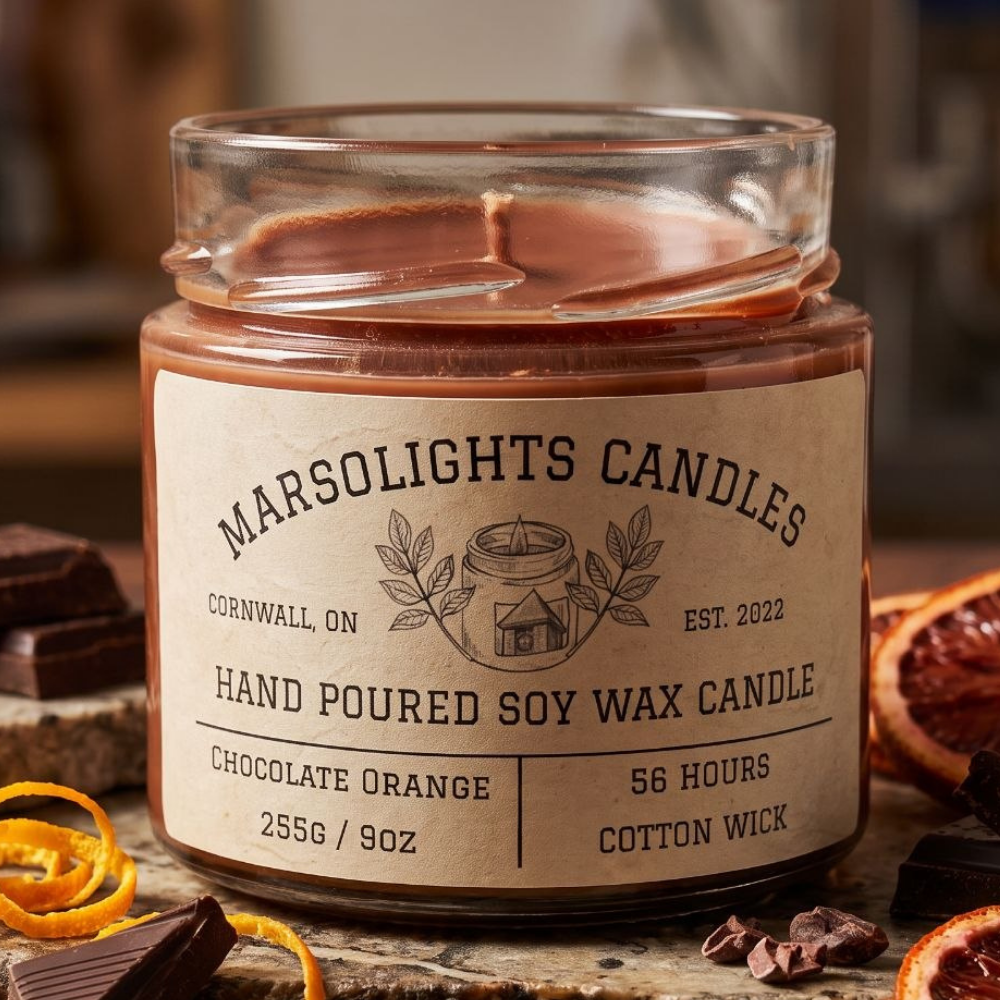 Chocolate Orange Soy Candle displayed with festive holiday décor. The candle features a rich blend of zesty orange and chocolate fudge, inspired by the classic chocolate orange holiday treat. 9 ounce or 255 grams, 56-hour burn time, cotton wick, soy candle, made in Canada, paraben free.