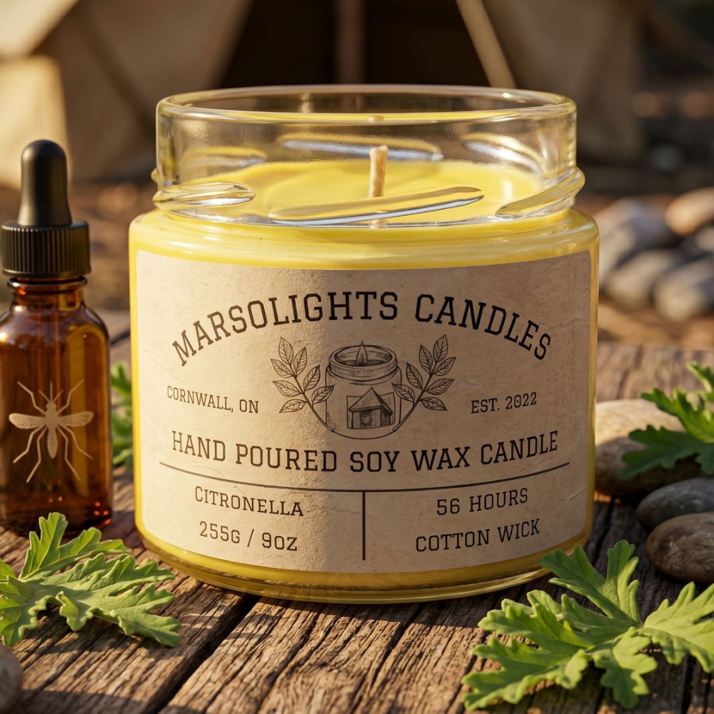 Candle on a patio with stones and citronella leaves nearby.
Marsolights Citronella Candle
Scent Profile: Bergamot, Citronella, White Musk
Size: 9 ounces or 255 grams
Burn time: 56 hours
Wick Type: Cotton
Made in Canada