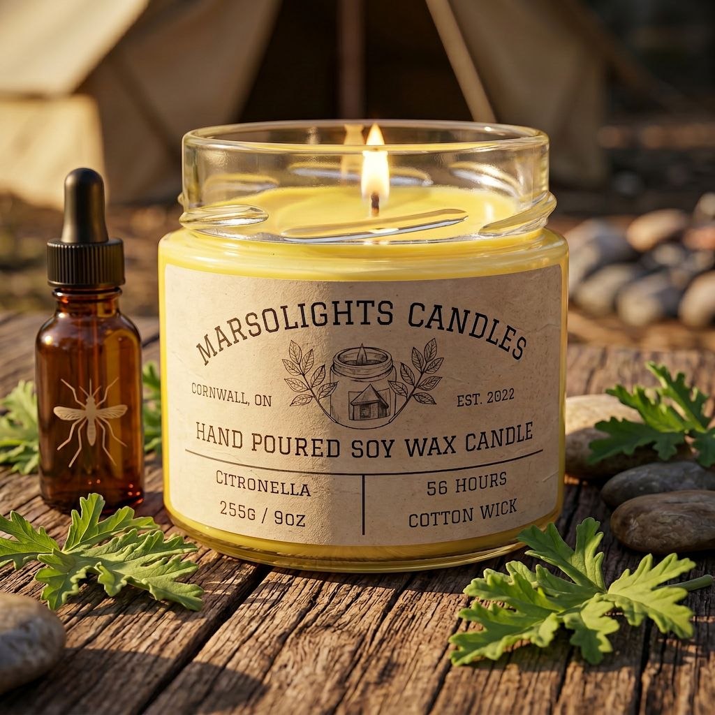 Candle on a patio with stones and citronella leaves nearby.
Marsolights Citronella Candle
Scent Profile: Bergamot, Citronella, White Musk
Size: 9 ounces or 255 grams
Burn time: 56 hours
Wick Type: Cotton
Made in Canada