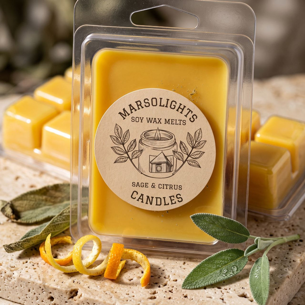 Citrus and Sage Wax Melts
Scented with note of:
Top: Orange Zest, Bergamot
Middle: Eucalyptus, Sage, Thyme
Base: Red Cedar, Pine Needles, Musk
Wax Melt Size: 80 g / 2.8 oz
Aroma Time: Approximately 6-8 hours per melt
Soy Wax / Made in Canada / Phthalate Free / Paraben Free