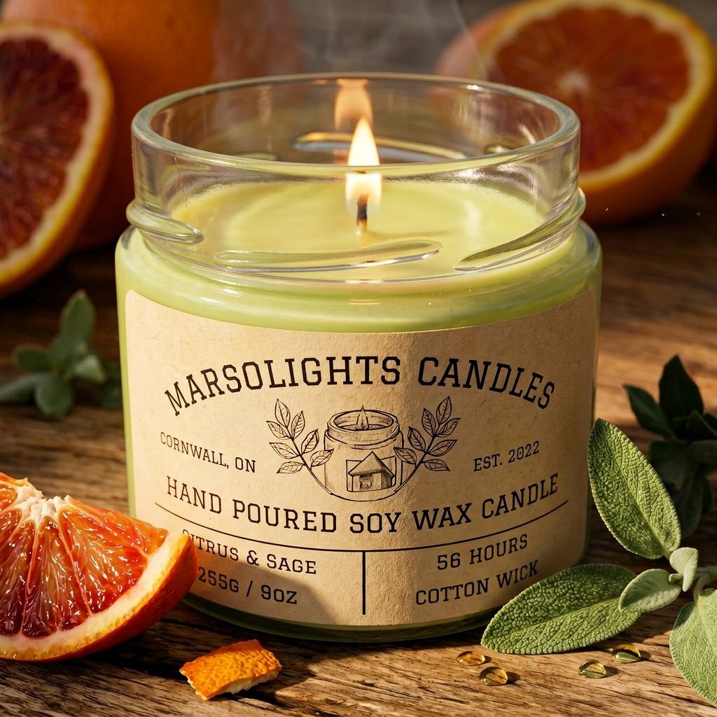 Citrus and Sage Soy Candle Sitting on a table with citrus and safe -  Orange, Sage, Bergamot & Eucalyptus Blend . 9 Ounces or 255 grams. 56 Hours Burn time. Cotton Wick. Made in Canada. 