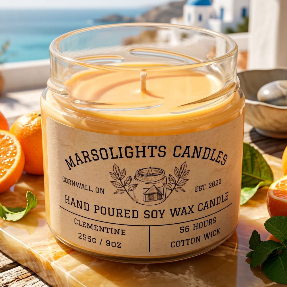 Clementine Soy Candle displayed with bright citrus-inspired décor. The candle features juicy clementine, kumquat and lemon notes with lemon zest, lemon flower, violet petals and clementine peel. 9 ounce or 255 grams, 56-hour burn time, cotton wick, soy candle, made in Canada, paraben free.
