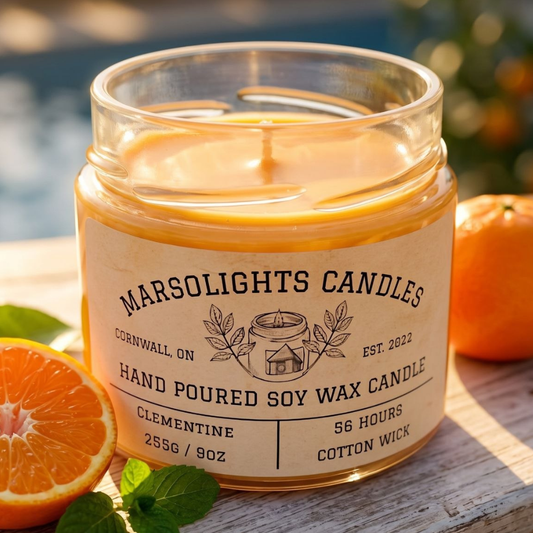 Clementine Soy Candle displayed with bright citrus-inspired décor. The candle features juicy clementine, kumquat and lemon notes with lemon zest, lemon flower, violet petals and clementine peel. 9 ounce or 255 grams, 56-hour burn time, cotton wick, soy candle, made in Canada, paraben free.