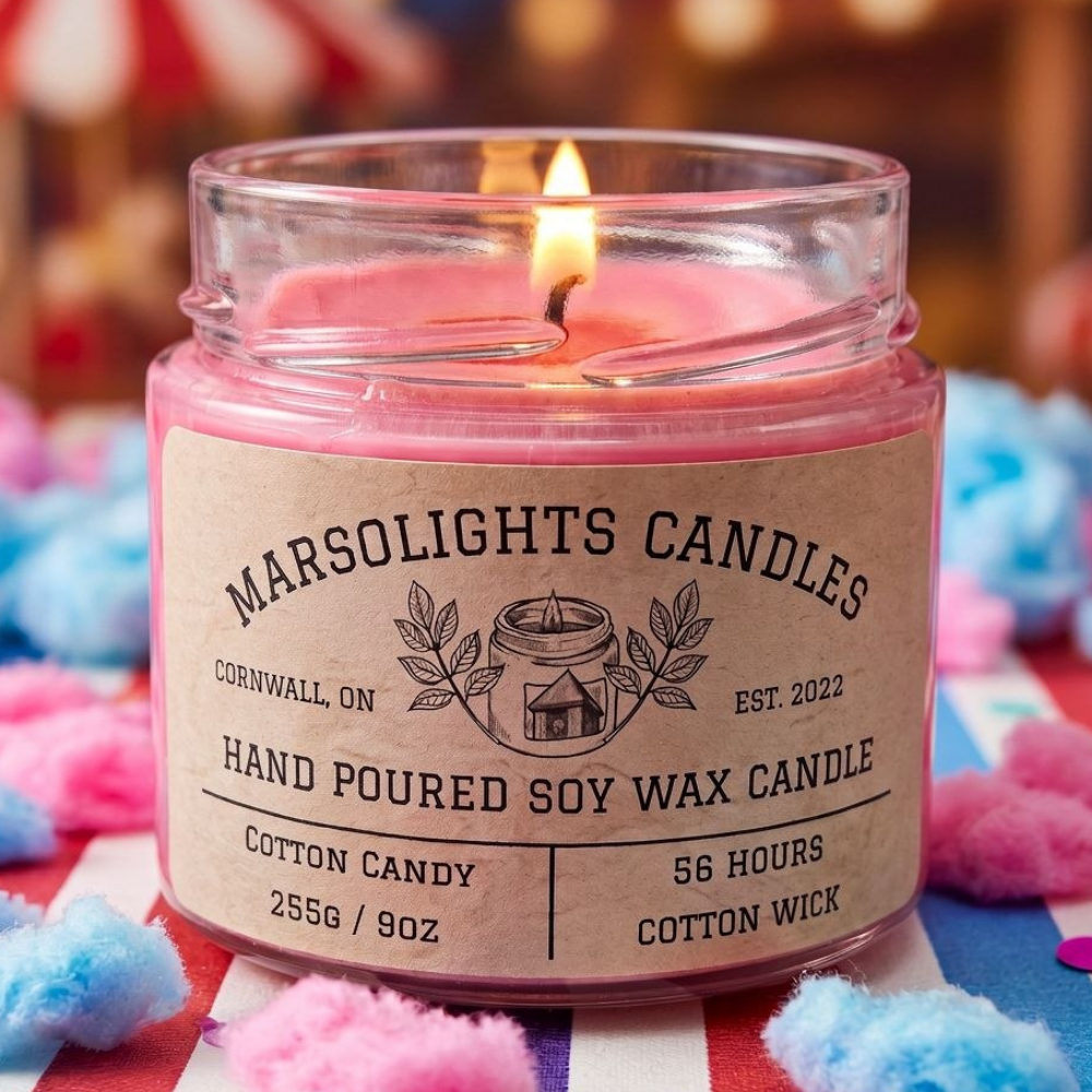 Cotton Candy Soy Candle displayed with colourful summer fair-inspired décor. The candle features spun sugar, pink berries, sparkling citrus, candied strawberry, caramelized vanilla, creamy musk and sugar crystals. 9 ounce or 255 grams, 56-hour burn time, cotton wick, soy candle, made in Canada, paraben free.