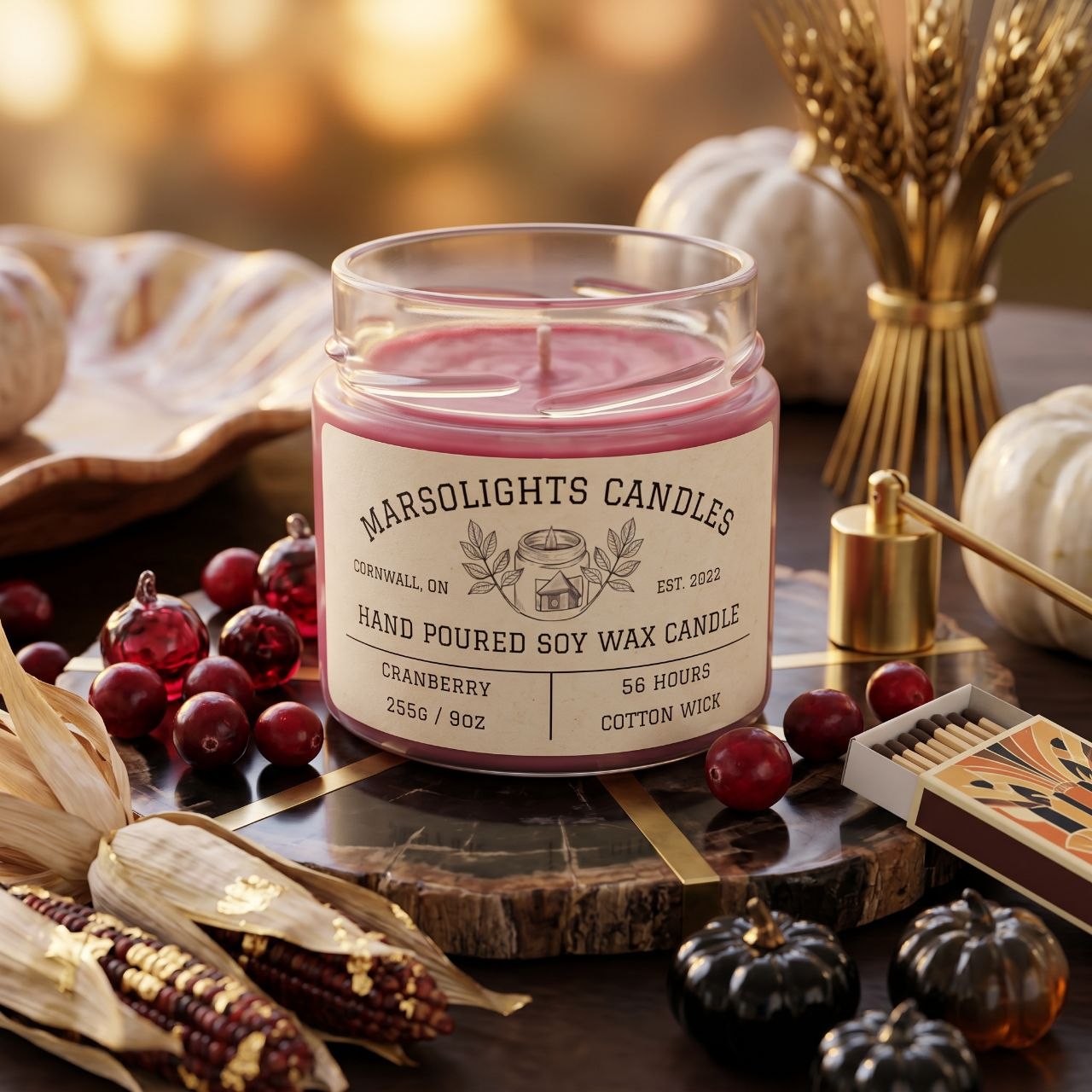 Soy Cranberry Scented Candle on Wooden Table with Cranberry and other  fall themed decor. Candle Size is 9 ounce or 255 grams. Cotton Wick, Soy Candle with a 56 hour estimated burn time. Candle Features notes of Cranberries, Ripe Berries, and a finishing base with Tonka Bean notes. 