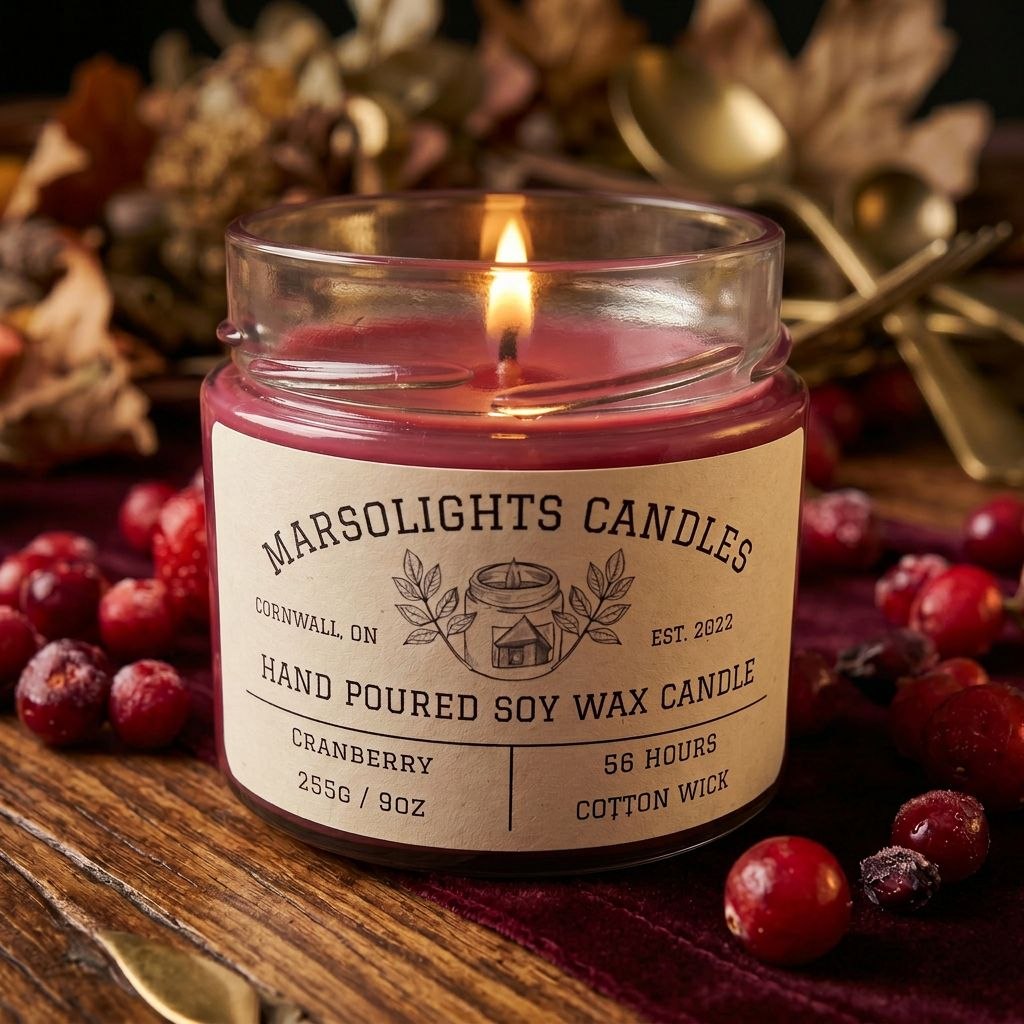 Soy Cranberry Scented Candle on Wooden Table with Cranberry and other  fall themed decor. Candle Size is 9 ounce or 255 grams. Cotton Wick, Soy Candle with a 56 hour estimated burn time. Candle Features notes of Cranberries, Ripe Berries, and a finishing base with Tonka Bean notes. 