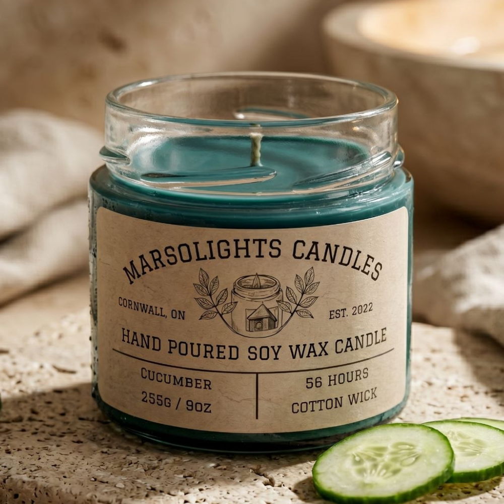 A candle on a stone slab with cucumbers next to it.
Marsolights Cucumber Soy Candle
9 Ounce or 255 grams
Burn Time: 56 hours
Wick Type: Cotton
Scent Profile: Cucumber, Lily of the Valley, Woody Accords
Made in Canada

