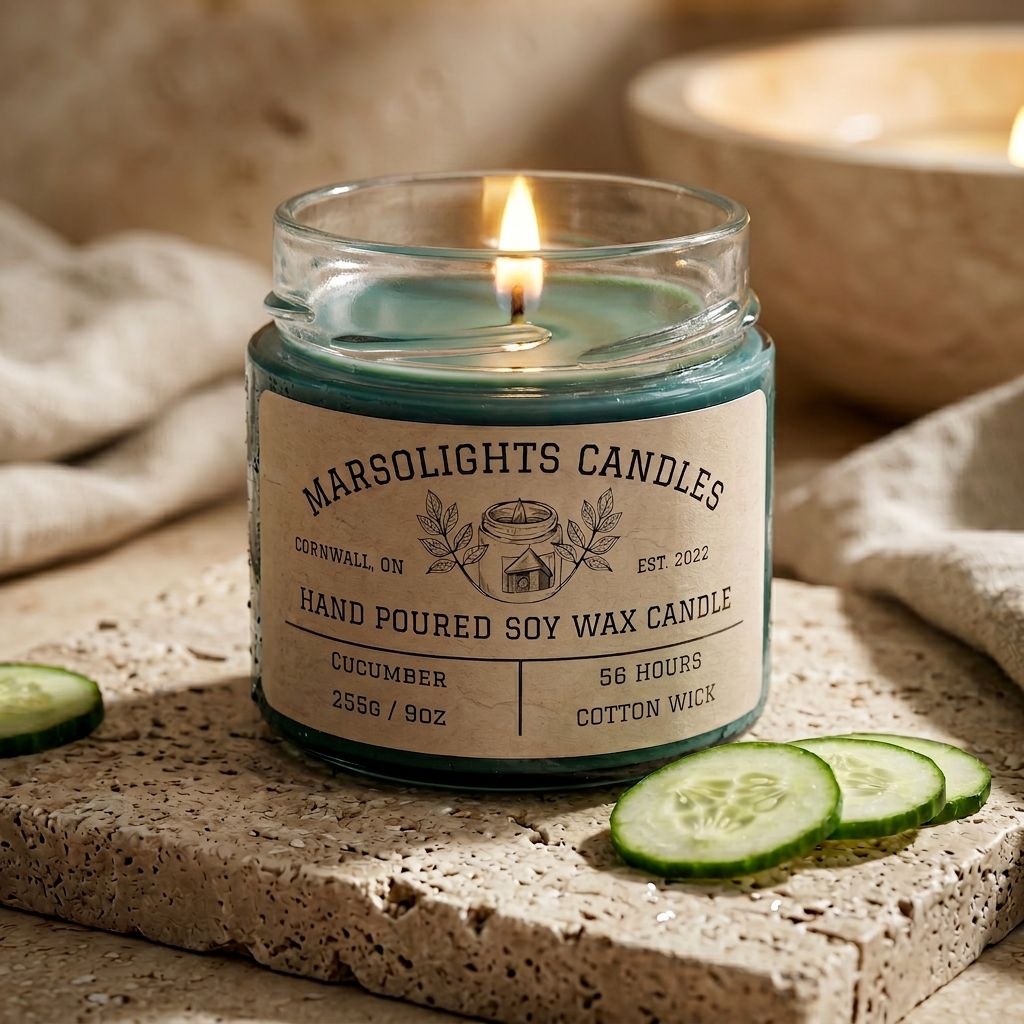A candle on a stone slab with cucumbers next to it.
Marsolights Cucumber Soy Candle
9 Ounce or 255 grams
Burn Time: 56 hours
Wick Type: Cotton
Scent Profile: Cucumber, Lily of the Valley, Woody Accords
Made in Canada
