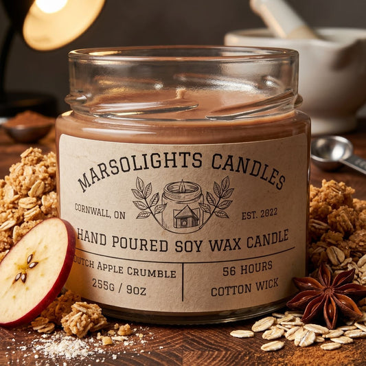 Dutch Apple Crumble Soy Candle on a table with apple slice and spices around it. Made in Canada. Cotton wick. 56 hour estimated burn time. $19.99
Fragrance notes:
Baked Apples, Vanilla Bean, Cinnamon, Sugar and Nutmeg.
Size: 9 ounces or 255 grams.