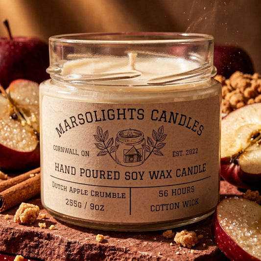 Dutch Apple Crumble Soy Candle on a table with apple slice and spices around it. Made in Canada. Cotton wick. 56 hour estimated burn time. $19.99
Fragrance notes:
Baked Apples, Vanilla Bean, Cinnamon, Sugar and Nutmeg.
Size: 9 ounces or 255 grams.