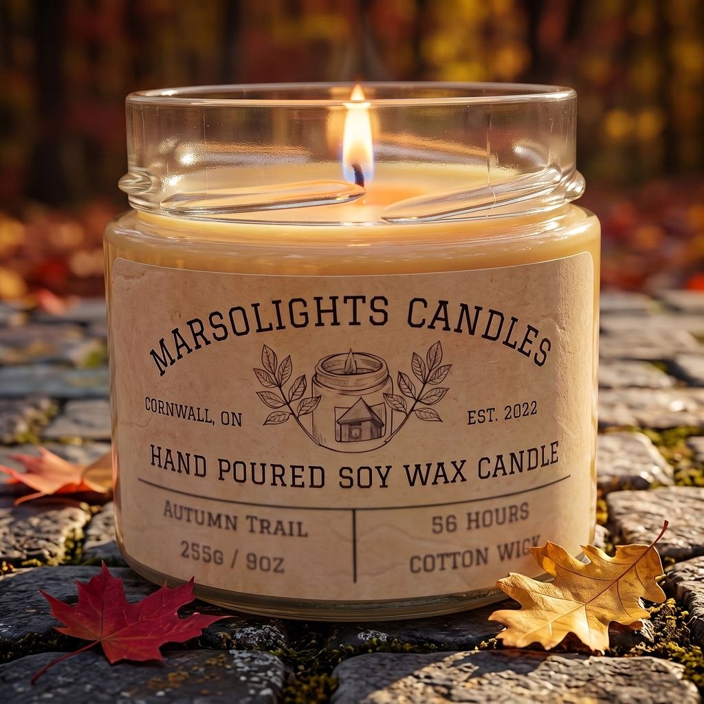 Autumn Trail Soy Wax Candle
MADE IN CANADA
Size: 233 grams or 9 ounces
Burn time: 56 hours
Wick Type: Cotton
Scent profile:
Top: Golden Peach, Wild Berries
Mid: Maple Leaf, Cinnamon, Clove
Base: Tonka Bean, Musk