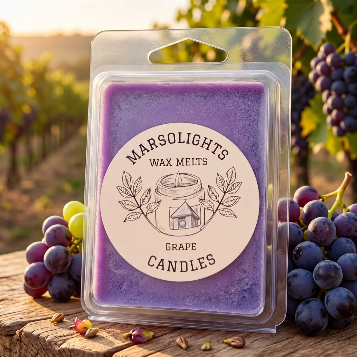 Grape Wax Melts displayed displayed with a grape vineyard. The fragrance features a sweet, juicy grape aroma with subtle citrus, soft floral and sandalwood notes. 80 g or 2.8 oz, approximately 8–10 hours aroma per cube, soy wax, made in Canada, paraben free.