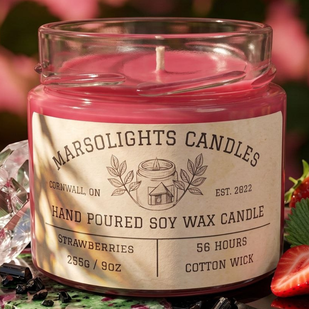 Fresh Strawberries Soy Candle displayed with fresh strawberry and fruit-inspired décor. The candle features ripe strawberries, zesty citrus, tropical pineapple, coconut water and a subtle hint of witch hazel. 9 ounce or 255 grams, 56-hour burn time, cotton wick, soy candle, made in Canada, phthalate free.