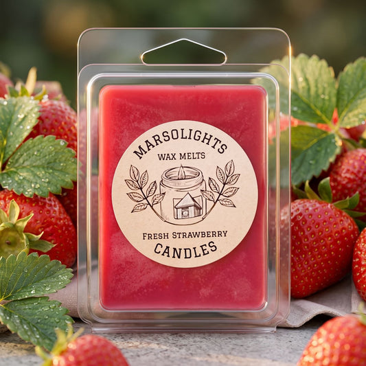 Fresh Strawberry Scented Soy Wax Melt
Size: 80 gram or 2.8 ounces, 6 cubes
Made in Canada
Phthalate & Paraben free
Scent time: 6-8 hour per cube 
Scent Profile:
Top: Fresh Strawberry, Sweet Orange, Citrus Zest
Middle: Juicy Strawberry, Ripe Berry, Soft Floral Notes
Base: White Musk, Warm Amber, Sweet Balsamic Woods