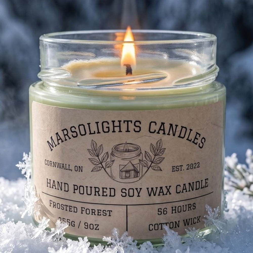 Frosted Forest Soy Candle
Fragrance Notes:
Top: Cool Raspberry, Bergamot, Mint
Middle: Spearmint, Siberian Fir, Peppermint
Base: Cedarwood, Cypress, Musk
Candle Size: 9 oz / 255 g
Burn Time: 56 hours
Cotton Wick / Soy Candle / Made in Canada / Phthalate Free