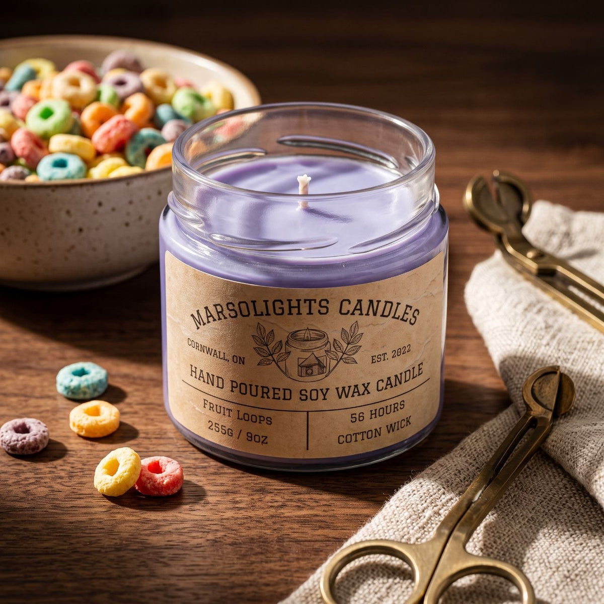 Fruit Loops Soy Candle featuring fragrance notes of juicy orange, tangerine, ripe berries and sugared vanilla
Candle Size: 9 oz / 255 g
Burn Time: 56 hours
Cotton Wick / Soy Candle / Made in Canada / Paraben Free