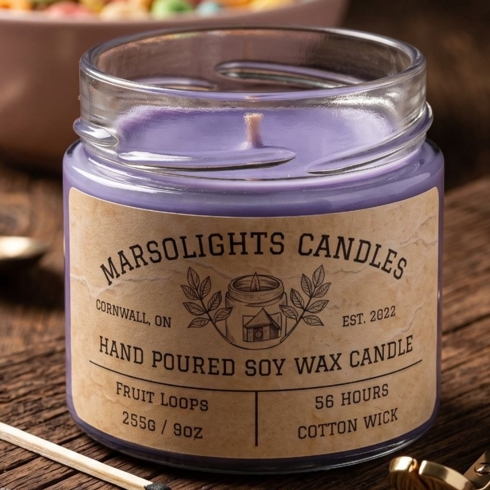 Fruit Loops Soy Candle featuring fragrance notes of juicy orange, tangerine, ripe berries and sugared vanilla
Candle Size: 9 oz / 255 g
Burn Time: 56 hours
Cotton Wick / Soy Candle / Made in Canada / Paraben Free