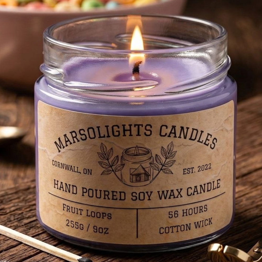 Fruit Loops Soy Candle featuring fragrance notes of juicy orange, tangerine, ripe berries and sugared vanilla
Candle Size: 9 oz / 255 g
Burn Time: 56 hours
Cotton Wick / Soy Candle / Made in Canada / Paraben Free