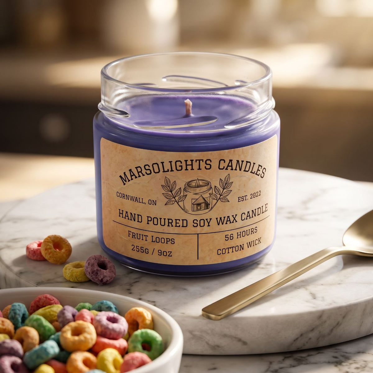 Fruit Loops Soy Candle featuring fragrance notes of juicy orange, tangerine, ripe berries and sugared vanilla
Candle Size: 9 oz / 255 g
Burn Time: 56 hours
Cotton Wick / Soy Candle / Made in Canada / Paraben Free