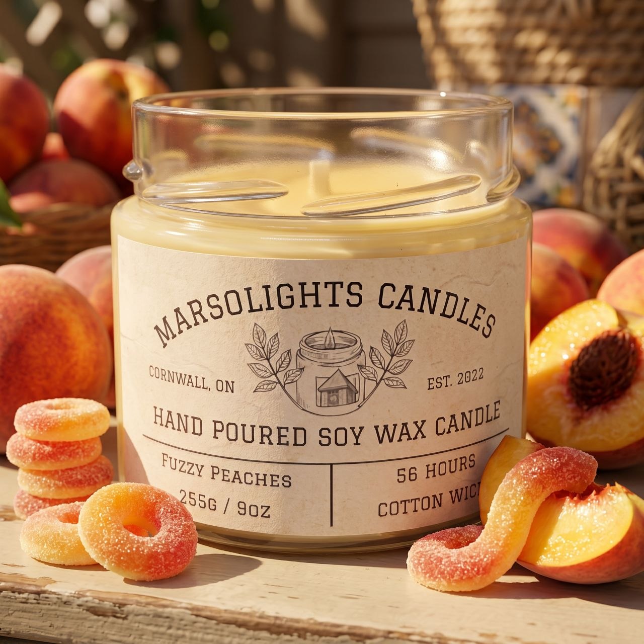 Fuzzy Peaches Scented Candle Made in Canada 255g or 9 ounces. Made with soy wax, 56 hour burn time eta. $19.99CAD