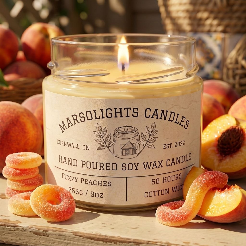 Fuzzy Peaches Scented Candle Made in Canada 255g or 9 ounces. Made with soy wax, 56 hour burn time eta. $19.99CAD