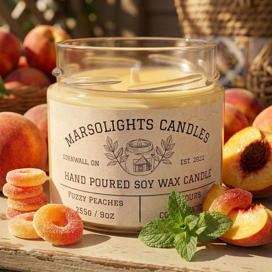 Fuzzy Peaches Scented Candle Made in Canada 255g or 9 ounces. Made with soy wax, 56 hour burn time eta. $19.99CAD