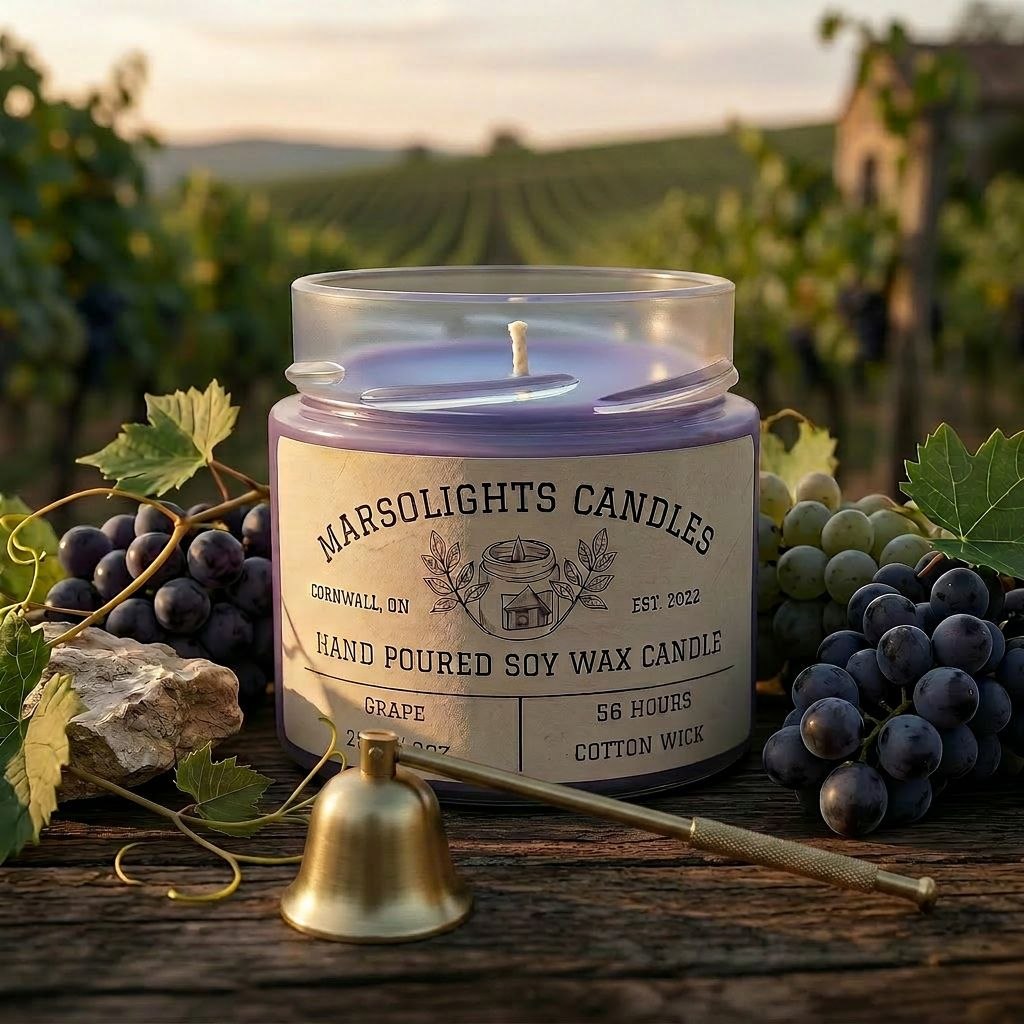 Fill your space with the rich, juicy aroma of our Grape Candle. This fragrance features robust, plump Concord grapes blended with sun-ripened berries for a sweet, fruity scent that’s both bold and refreshing.

Perfect for any room, this candle creates a warm, inviting atmosphere that’s ideal for relaxing or entertaining. It’s like having a basket of freshly picked grapes right at your fingertips!

Size: 255g or 9 ounces
Scent: Grape
Burn time: 56 Hours
Wick type: Cotton
Produced in Cornwall, ON, Canada 
