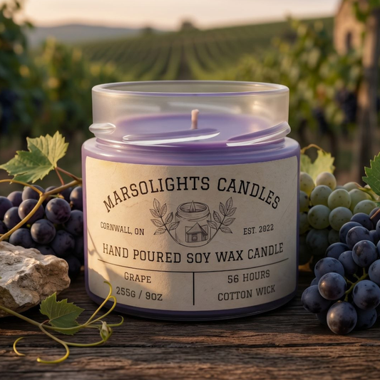 Fill your space with the rich, juicy aroma of our Grape Candle. This fragrance features robust, plump Concord grapes blended with sun-ripened berries for a sweet, fruity scent that’s both bold and refreshing.

Perfect for any room, this candle creates a warm, inviting atmosphere that’s ideal for relaxing or entertaining. It’s like having a basket of freshly picked grapes right at your fingertips!

Size: 255g or 9 ounces
Scent: Grape
Burn time: 56 Hours
Wick type: Cotton
Produced in Cornwall, ON, Canada 
