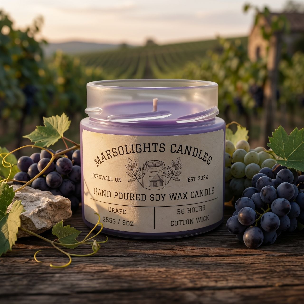 Fill your space with the rich, juicy aroma of our Grape Candle. This fragrance features robust, plump Concord grapes blended with sun-ripened berries for a sweet, fruity scent that’s both bold and refreshing.

Perfect for any room, this candle creates a warm, inviting atmosphere that’s ideal for relaxing or entertaining. It’s like having a basket of freshly picked grapes right at your fingertips!

Size: 255g or 9 ounces
Scent: Grape
Burn time: 56 Hours
Wick type: Cotton
Produced in Cornwall, ON, Canada 
