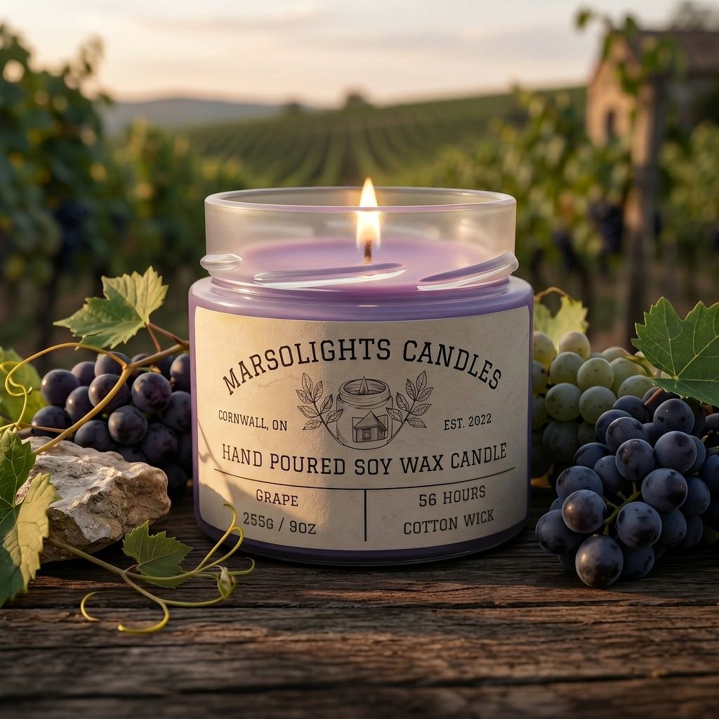 Fill your space with the rich, juicy aroma of our Grape Candle. This fragrance features robust, plump Concord grapes blended with sun-ripened berries for a sweet, fruity scent that’s both bold and refreshing.

Perfect for any room, this candle creates a warm, inviting atmosphere that’s ideal for relaxing or entertaining. It’s like having a basket of freshly picked grapes right at your fingertips!

Size: 255g or 9 ounces
Scent: Grape
Burn time: 56 Hours
Wick type: Cotton
Produced in Cornwall, ON, Canada 
