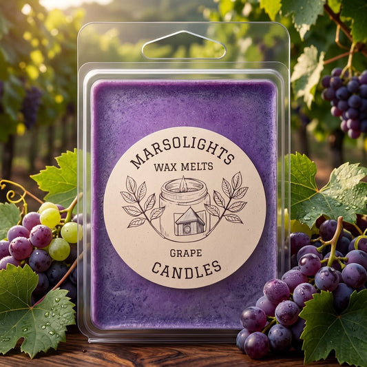 Grape Wax Melts displayed displayed with a grape vineyard. The fragrance features a sweet, juicy grape aroma with subtle citrus, soft floral and sandalwood notes. 80 g or 2.8 oz, approximately 8–10 hours aroma per cube, soy wax, made in Canada, paraben free.