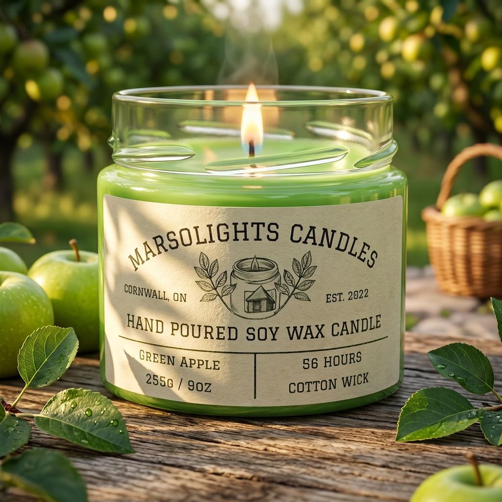 A candle sitting on a wooden table with green apples during a sunny day.
Green Apple Scented Soy Candle
Made in Canada 
Phthalate & Paraben Free
Burn time: 56 hours
Wick Type: Cotton Wick HTP Safe to Burn
Wax Type: Soy with dash of coconut oil
Scent Profile: Crisp Green Apple, Soft Florals, Amber and Lite Woods