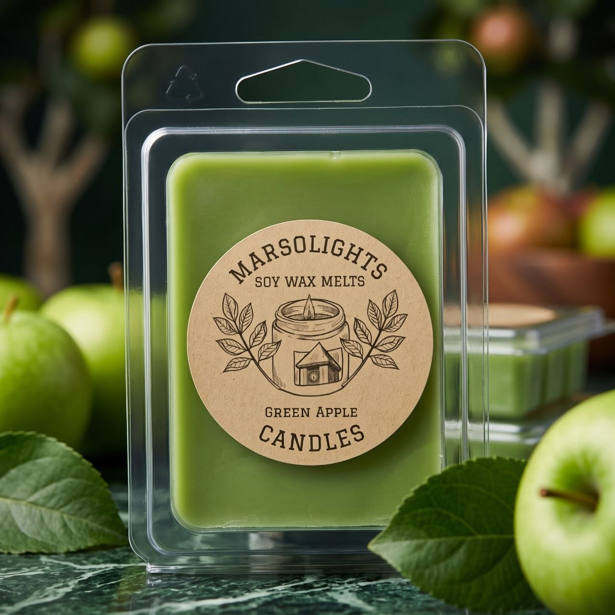 Green Apple Soy Scented Wax Melts
Fragrance Notes:
Top: Tart Green Apple, Zesty Citrus
Middle: Crisp Orchard Apple, Soft Fruity Florals
Base: Fresh Leafy Greens, Clean Musk
Wax Melt Size: 80 g / 2.8 oz
Aroma Time: Approximately 6-8 hours per melt
Soy Wax / Made in Canada / Phthalate Free / Paraben Free