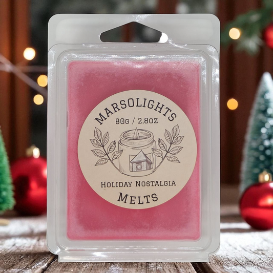 Fill your home with the heartwarming scents of the season with our Holiday Nostalgia Wax Melts. This festive blend opens with juicy pomegranate and sweet blackberry, wrapped in the crisp freshness of evergreen boughs and the rich, woodsy warmth of mahogany.

Perfect for setting a cozy holiday mood, these wax melts are ideal while decorating the tree, hosting family gatherings, or enjoying a quiet winter night. 

Product Scent:  Holiday Nostalgia
Burn Time 6-8 hours per cube
80 grams / 2.8 ounces