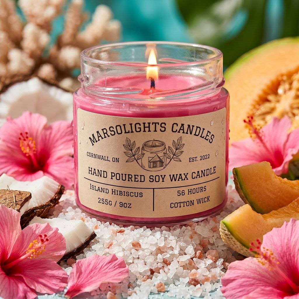 Island Hibiscus Scented Soy Candle Made in Canada Sitting on Sand and Salt Petal with Pink Hibiscus, fresh melon, and coconut surrounding it. This candle is 9 ounce or 255 grams, has an estimated burn time of 56 hour with a cotton wick is made in Cornwall Ontario. $20 CAD