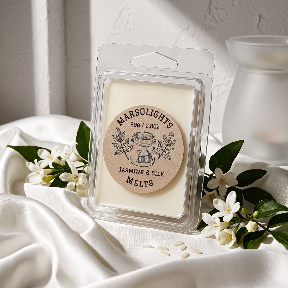 Jasmine and Silk Wax Melts featuring sambac jasmine, black currant, tea leaves, sage, rose and greenery
Wax Melt Size: 80 g / 2.8 oz
Aroma Time: Approximately 8–10 hours per cube
Soy Wax / Made in Canada / Paraben Free