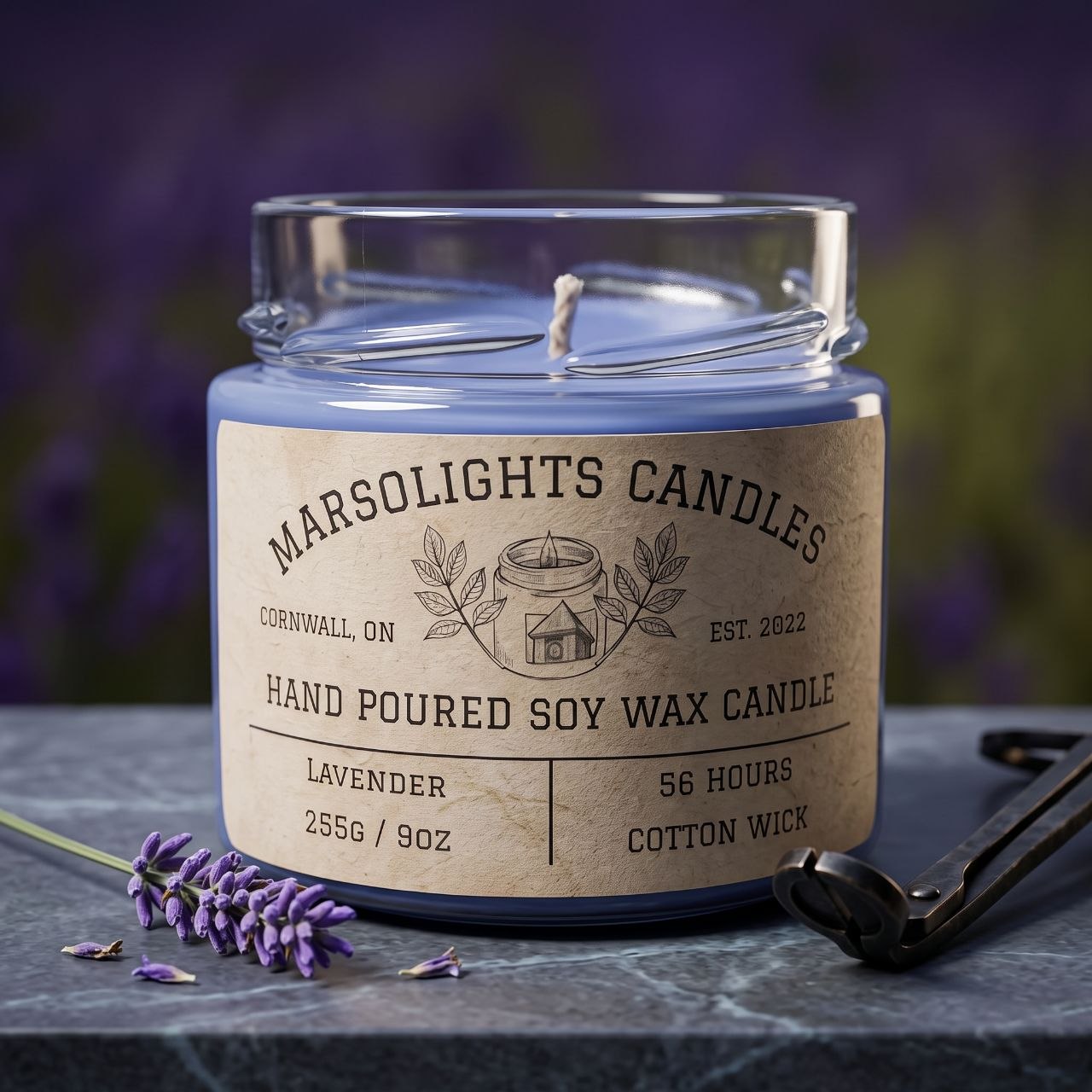 Lavender Scented Soy Candle
Made in Canada - Marsolights Candles
Scent Profile: Lavender, Eucalyptus, Rosemary & Patchouli
Burn time: 56 Hours
Wick Type: Cotton
Paraben Free