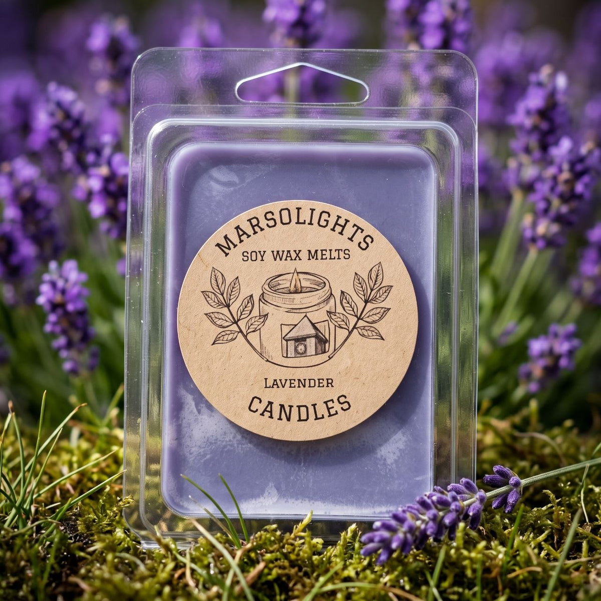 Lavender Wax Melts featuring aroma notes of  true lavender, eucalyptus, rosemary, fresh mint, patchouli, pine tree and vetiver, 
Size: 80 grams  or  2.8 ounces (80 grammes)
Burn/Melt Time: 8–10 hours per cube
Wax Type: soy wax (Cire de soja)
Made in Canada (fabriqué au Canada)
Paraben free. (Sans parabènes)