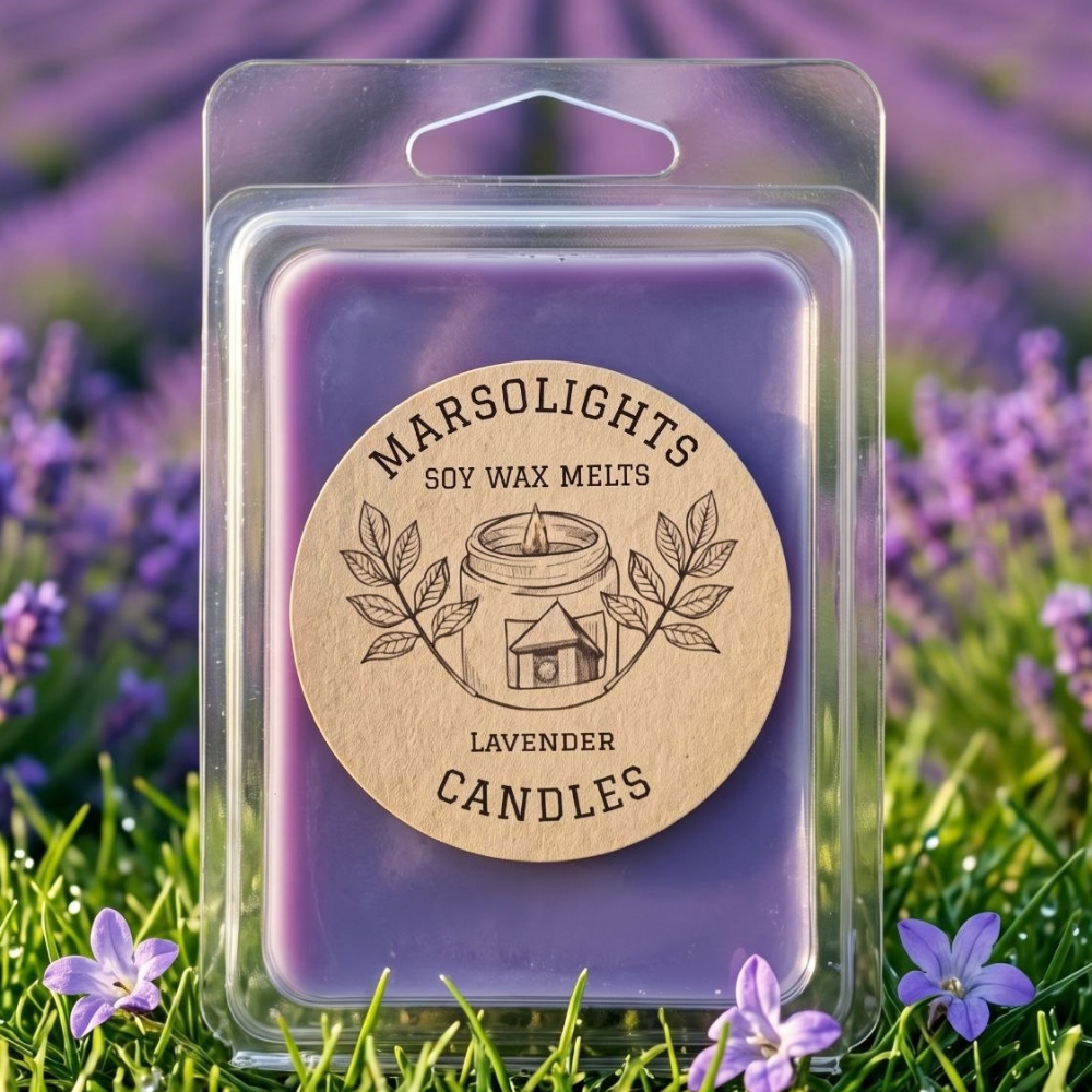 Lavender Wax Melts featuring aroma notes of  true lavender, eucalyptus, rosemary, fresh mint, patchouli, pine tree and vetiver, 
Size: 80 grams  or  2.8 ounces (80 grammes)
Burn/Melt Time: 8–10 hours per cube
Wax Type: soy wax (Cire de soja)
Made in Canada (fabriqué au Canada)
Paraben free. (Sans parabènes)