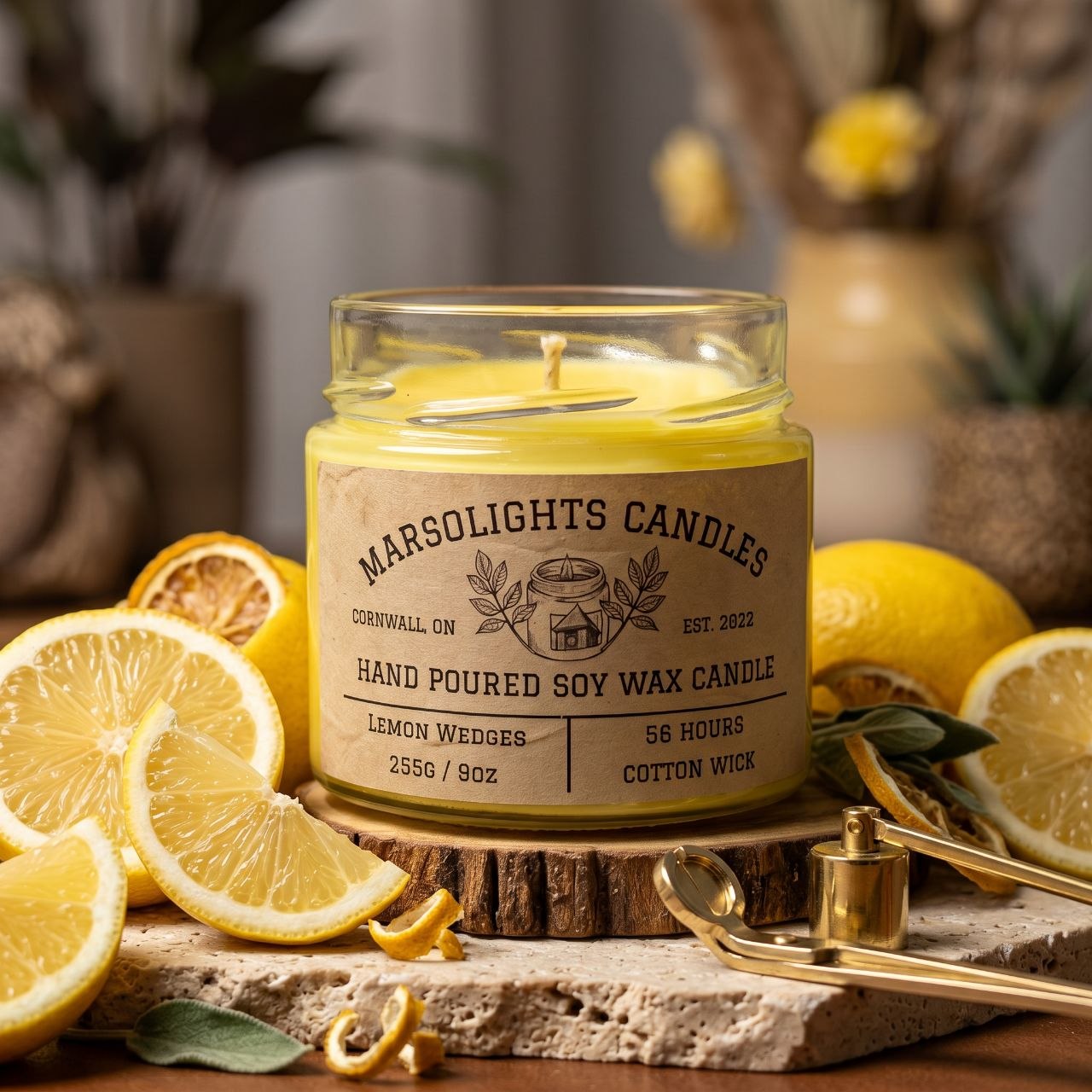 A Candle on a stump podium with lemon wedges and zest.
Scent: A Fusion of scents such as lemon, lemongrass, grapefruit, orange, lime, and florals that leaves a citrus medley that instantly energizes. 
Produced: Made in Canada.
Size: 9 ounces or 255 grams
Burn time: 56 Estimated Hours
Wick type: Cotton
Scent: Lemon Wedges
