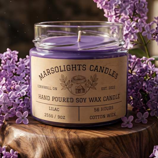 Lilac Scented Soy Candle
Scent Notes: blooming lilac, water lily, bergamot and cedar leaf
Made in Canada
Size: 9 ounces or 255 grams
Burn time: 56 hours
Wick type: Cotton