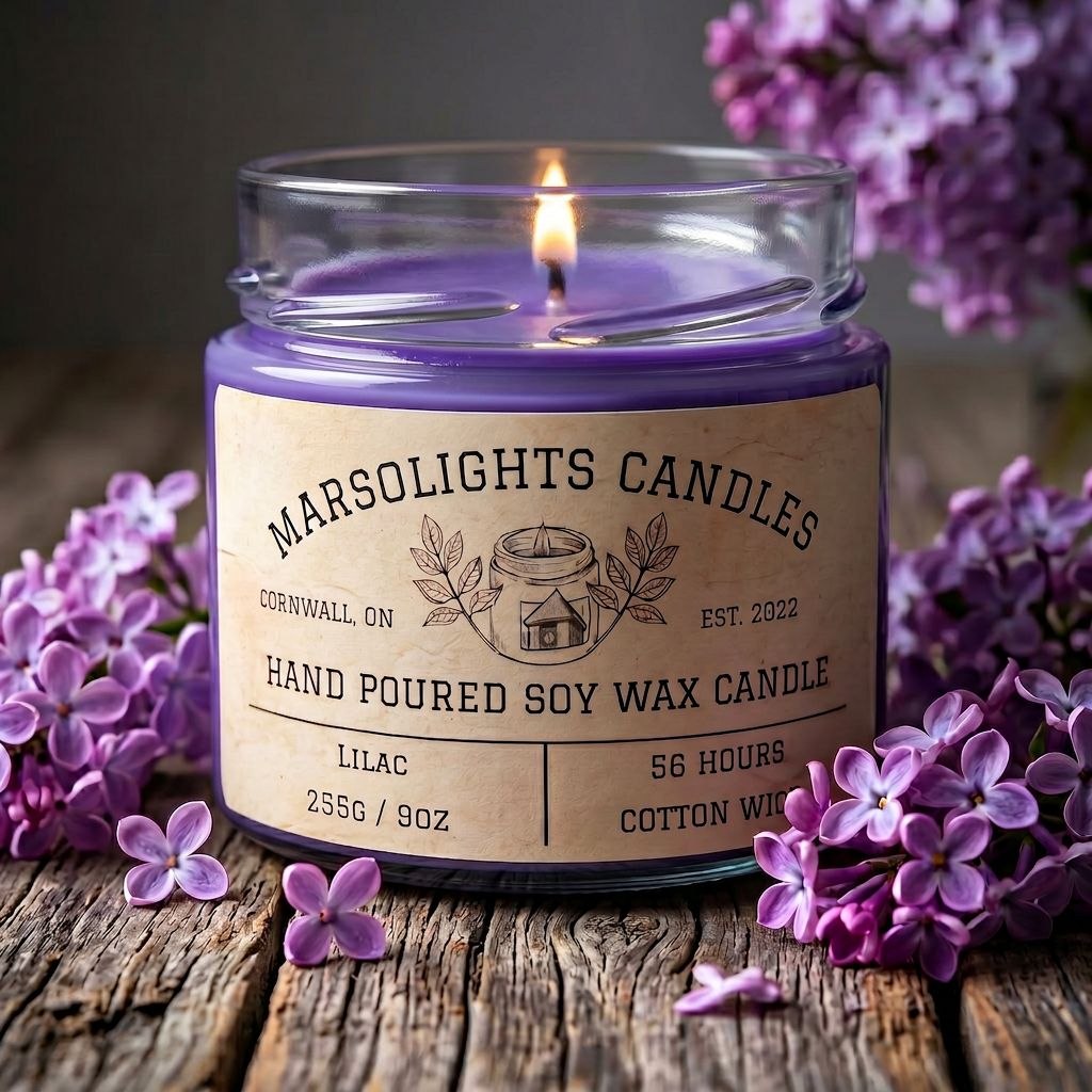 Lilac Scented Soy Candle
Scent Notes: blooming lilac, water lily, bergamot and cedar leaf
Made in Canada
Size: 9 ounces or 255 grams
Burn time: 56 hours
Wick type: Cotton