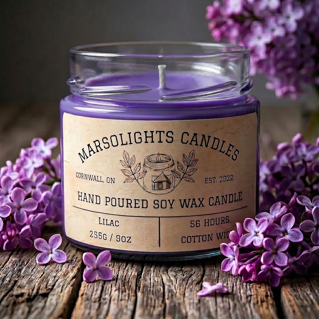 Lilac Scented Soy Candle
Scent Notes: blooming lilac, water lily, bergamot and cedar leaf
Made in Canada
Size: 9 ounces or 255 grams
Burn time: 56 hours
Wick type: Cotton