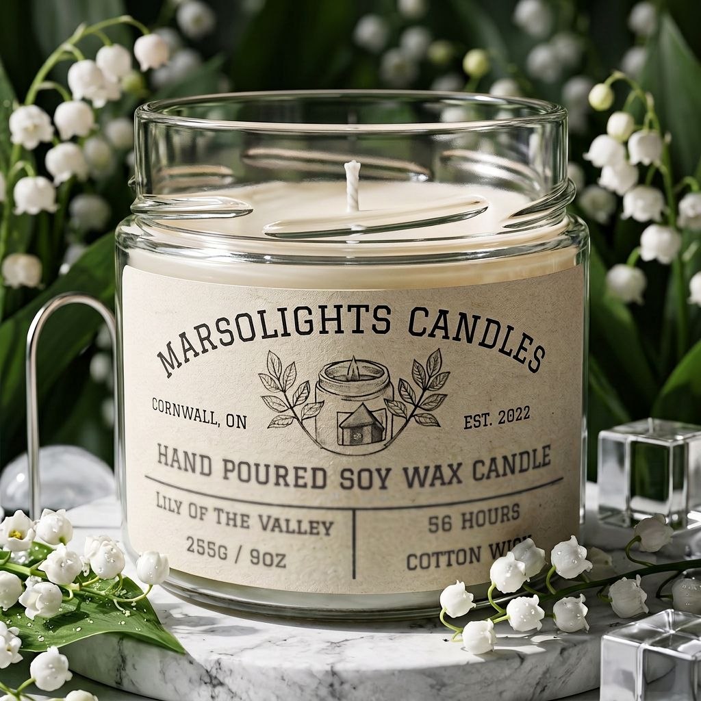 Fragrance Notes: Lily of the Valley, Green Bergamot, Muguet/Lily, Geranium, Rose, Tuberose, Jasmine, Ylang-Ylang
Candle Size: 9 oz / 255 g
Burn Time: 56 hours
Cotton Wick / Soy Candle / Made in Canada / Paraben Free